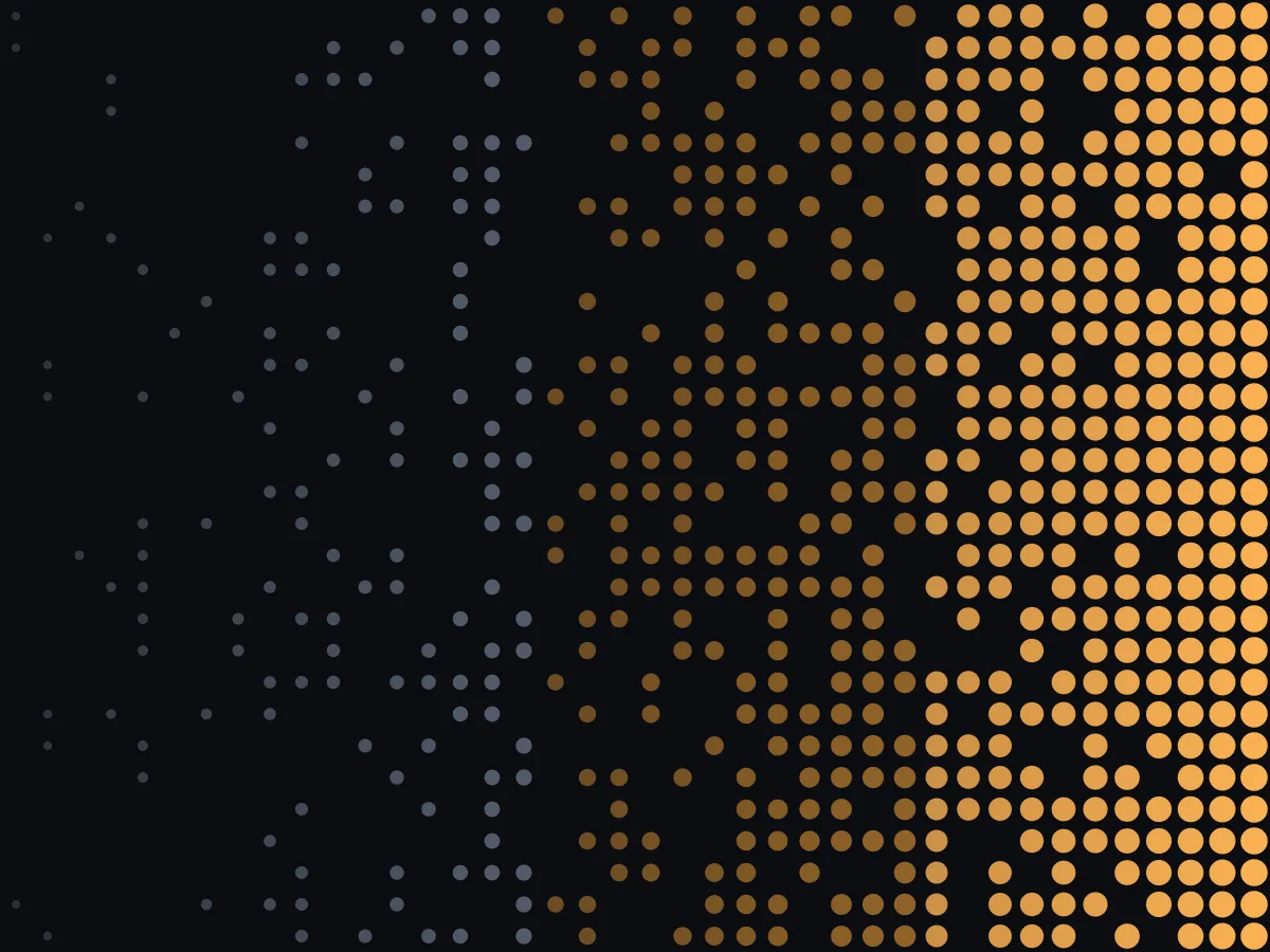 A field of dots resolving from sparse blue noise into solid amber, left to right