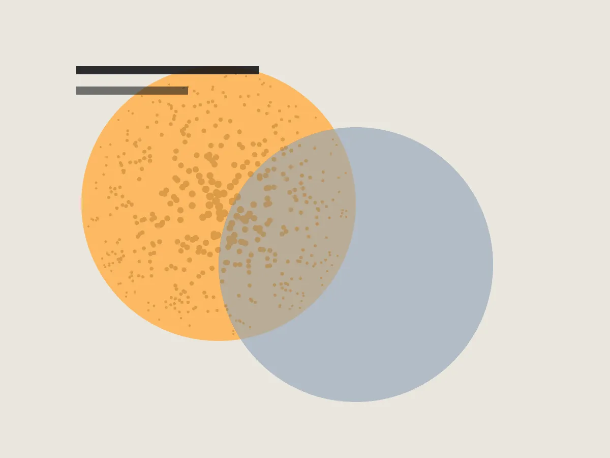 Overlapping amber and blue halftone discs on warm paper, like risograph inks