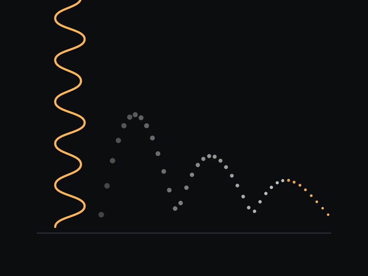 An amber spring coil launching a ball along a damped bounce trajectory